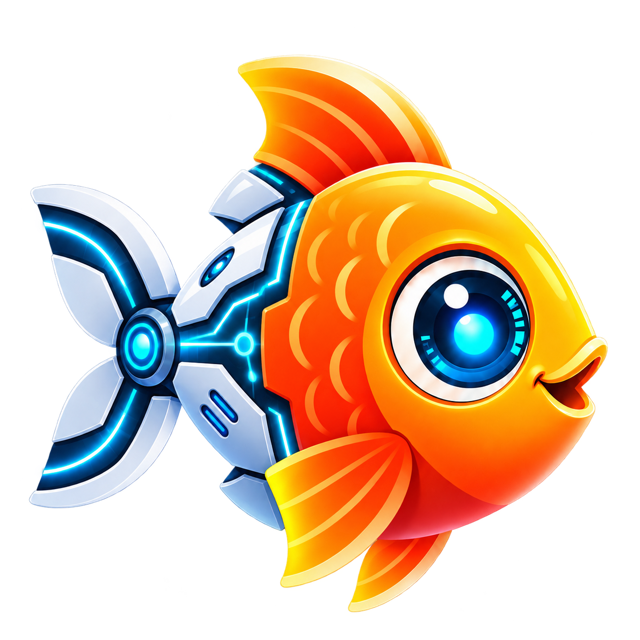 Aqua AI mascot: orange fish with a glowing robotic tail