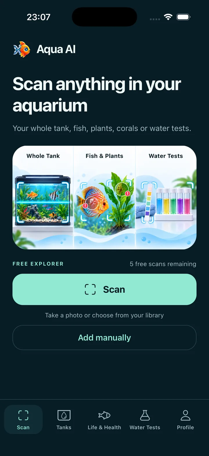 Aqua AI scan screen with options for a whole tank, fish and plants, and water tests