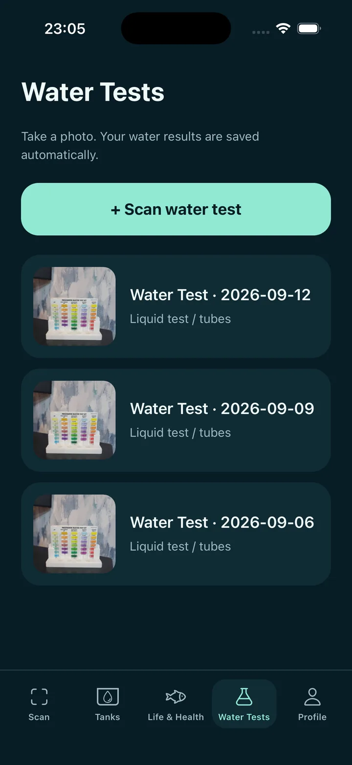 Aqua AI water tests screen showing three dated sample test records